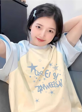 浅蓝色短袖t恤女大童夏季
