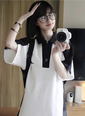 文艺森系polo衫短袖t恤女夏装2025新款初中高中学生宽松半袖上衣