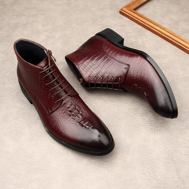 Crocodile print business formal lace-up short high-top leather shoes