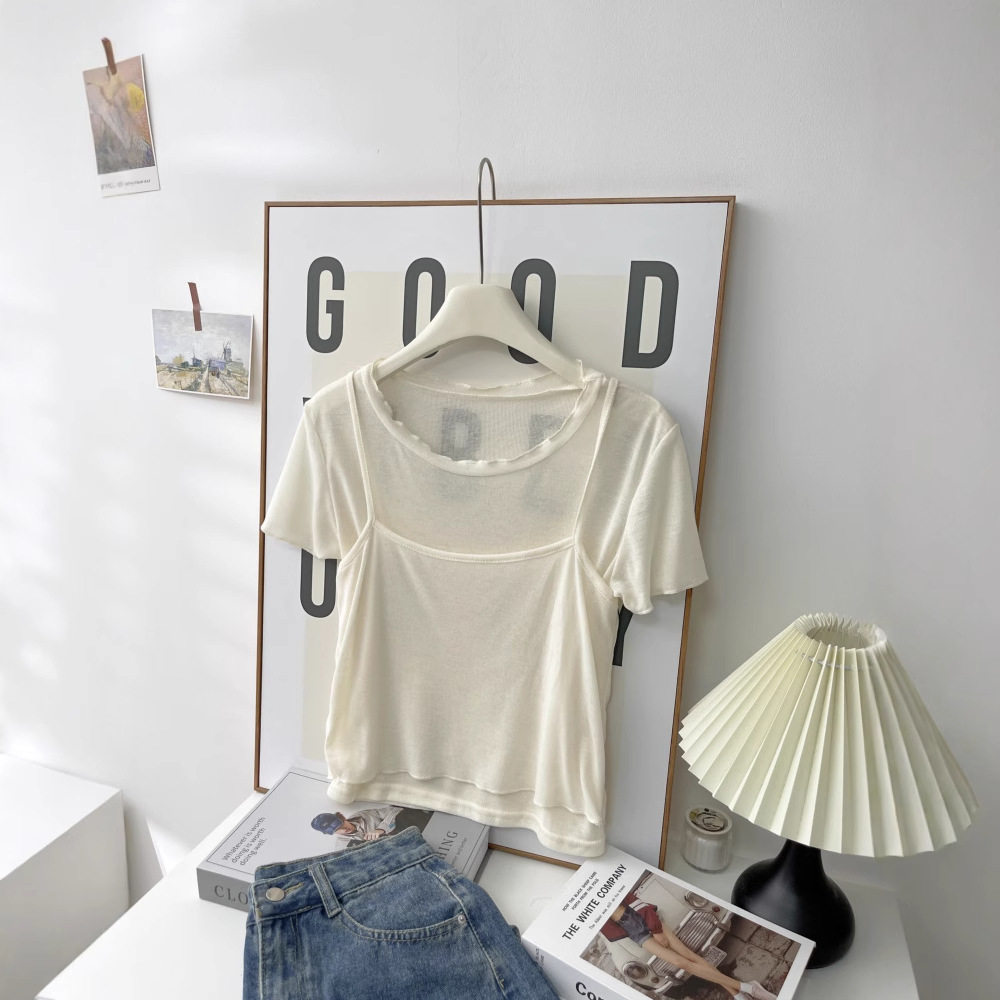2025薄款圆领短款短袖t恤衫+无袖吊带背心两件套 纯色上衣套装女,淘宝优惠券,粉丝福利购,淘宝优惠卷