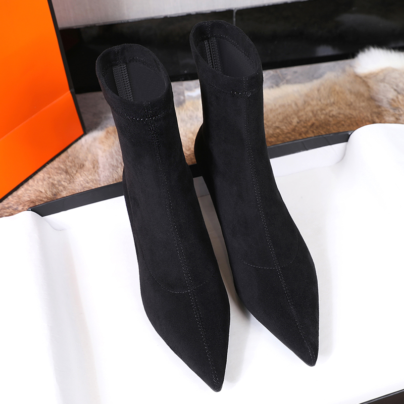 欧美女靴子2025年春秋款猫跟中跟靴细跟瘦脚弹力靴时尚尖头短靴女 - 图0