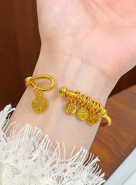 新中式沙金光面扭花镂空平安喜乐手镯复古实心镯子简约送女朋友礼