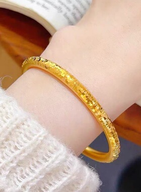 CNC碎冰冰素圈黄金色古法手镯女轻奢小众设计不掉色夸张手链手环