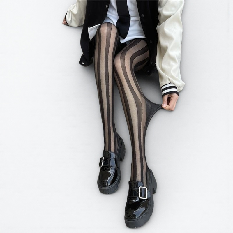 日系黑丝袜侧竖条纹女夏季性感jk辣妹ins网红拼接黑色薄款连裤袜,淘宝优惠券,粉丝福利购,淘宝优惠卷