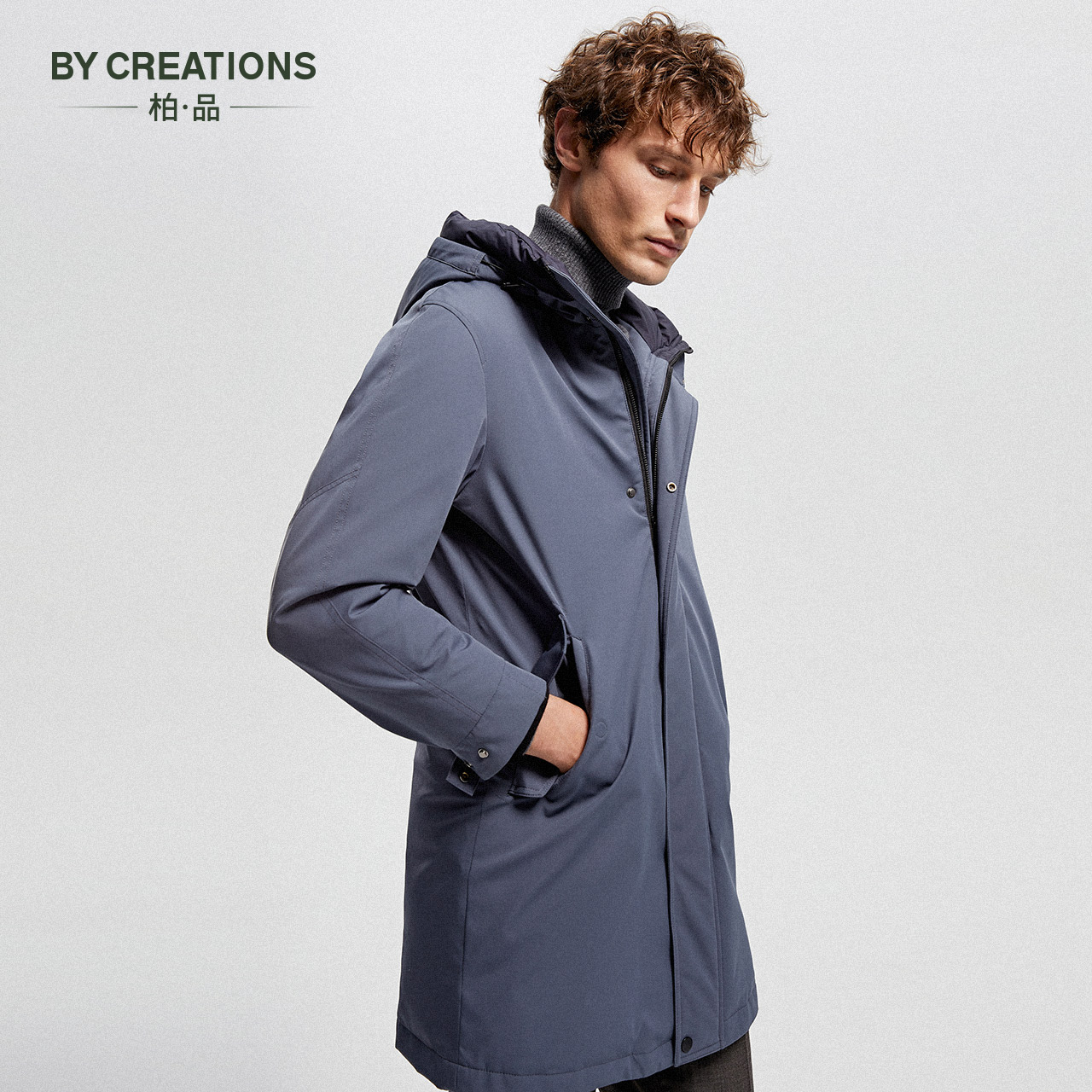 柏品高填充白鸭绒羽绒服男早秋中长款连帽防风保暖抽绳拉链外套 - 图1