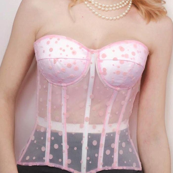 法式波点复古优雅束身衣 网纱透视束腰薄款内衣 ins紧身性感胸衣 - 图0