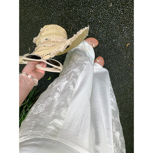 VASSE美蟹松弛莱赛尔天丝刺绣拼接高腰阔腿裤女优雅挺括宽松长裤 - 图0