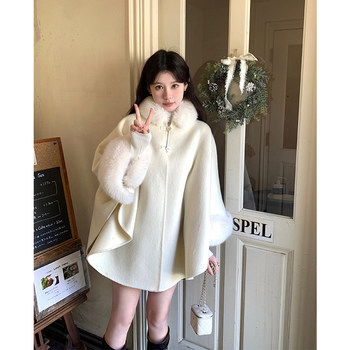 VASSE Beauty Crab White Detachable Fur Collar Double-sided Woolen Coat Women's Small Cloak Woolen Coat