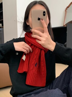 韩版加厚情侣款针织百搭围脖时尚纯色小马刺绣保暖羊毛麻花围巾