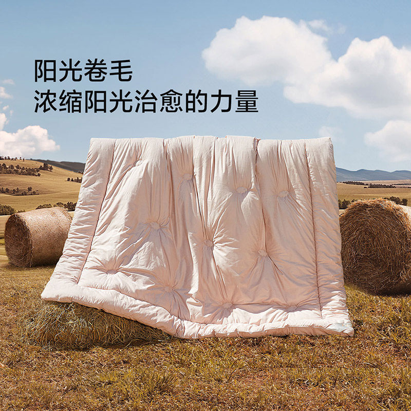 水星家纺被子100%澳洲羊毛轻奢四季被A类抑菌保暖被芯全棉贡缎