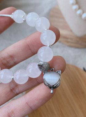 天然粉晶手链女玛瑙银小狐狸吊坠