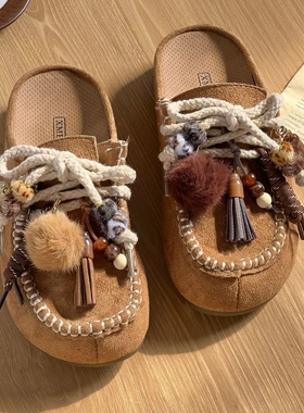 芬家同款秋冬MIU系鞋花獭兔毛球鞋挂豹纹流苏串珠 德训鞋装饰鞋扣