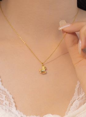 925纯银镀18k金铜钱小马年本命年礼物吊坠简约百搭马上来钱锁骨链