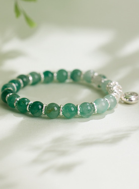 天然8mm非洲翠手链碎银盘缠钱袋吊坠感独龙玉石手串招财中式新款