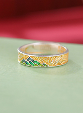 S999.9足银古法描金烧蓝千里江山荷花心经开口国潮活口戒指轻奢