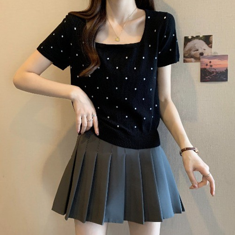 大码黑色波点方领正肩针织短袖t恤女夏季夏设计感小个子短款上衣 - 图2