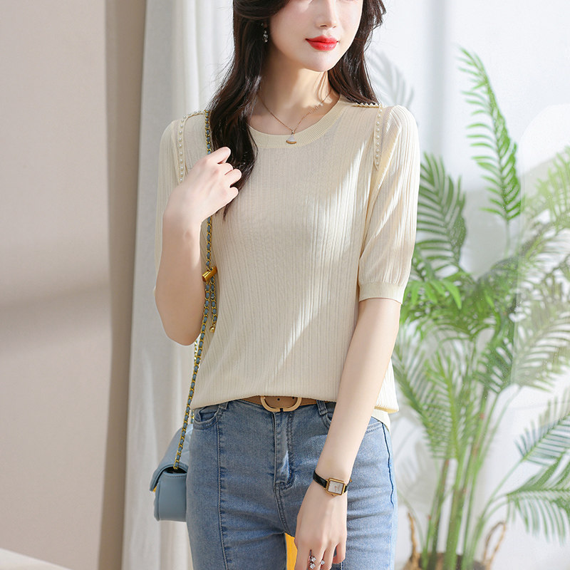 大码女装轻奢风冰丝针织短袖女夏钉珠设计感上衣宽松五分袖T恤衫,淘宝优惠券,粉丝福利购,淘宝优惠卷