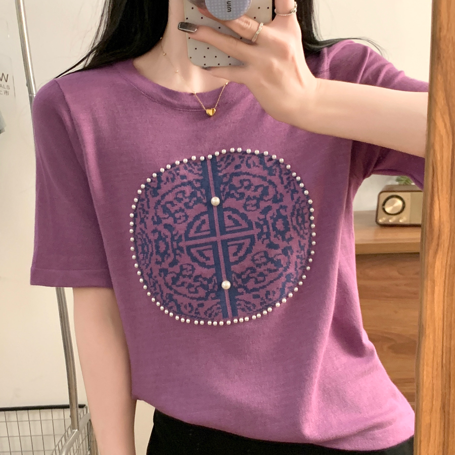 大码女装复古国潮风短袖T恤女夏季设计感钉珠宽松显瘦针织上衣服 - 图2