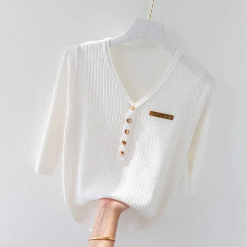 宽松显瘦【80-200斤】短袖T恤女夏季新款冰丝针织衫气质时髦上衣 - 图0