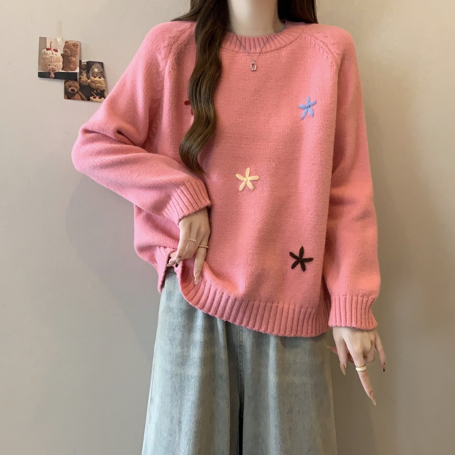 宽松显瘦【80-200斤】慵懒风花朵打底针织上衣女圆领套头时髦毛衣 - 图3