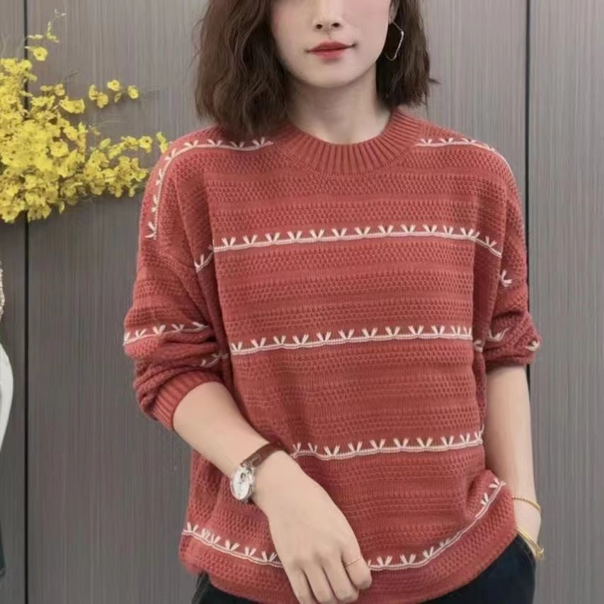 宽松显瘦【80-200斤】秋冬圆领条纹打底针织上衣女洋气减龄毛衣潮,淘宝优惠券,粉丝福利购,淘宝优惠卷