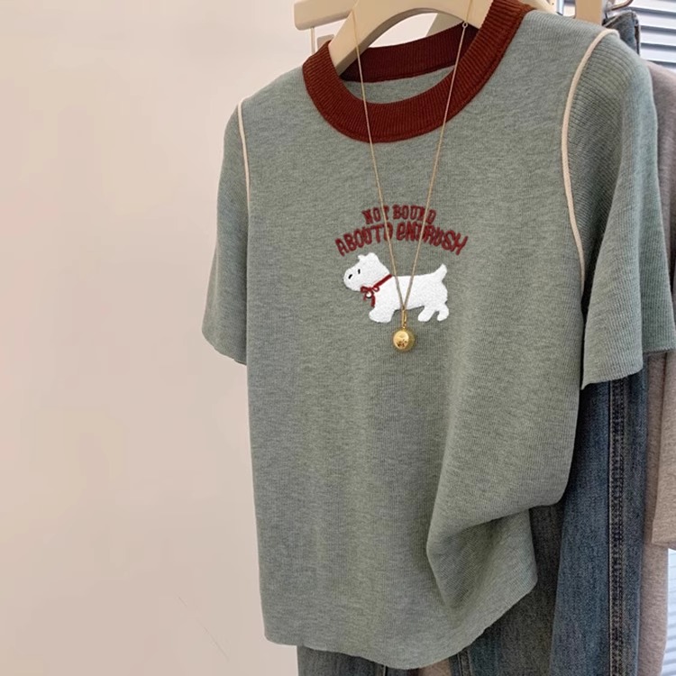 大码女装可爱小狗刺绣圆领短袖T恤女夏季宽松显瘦减龄正肩上衣潮 - 图2