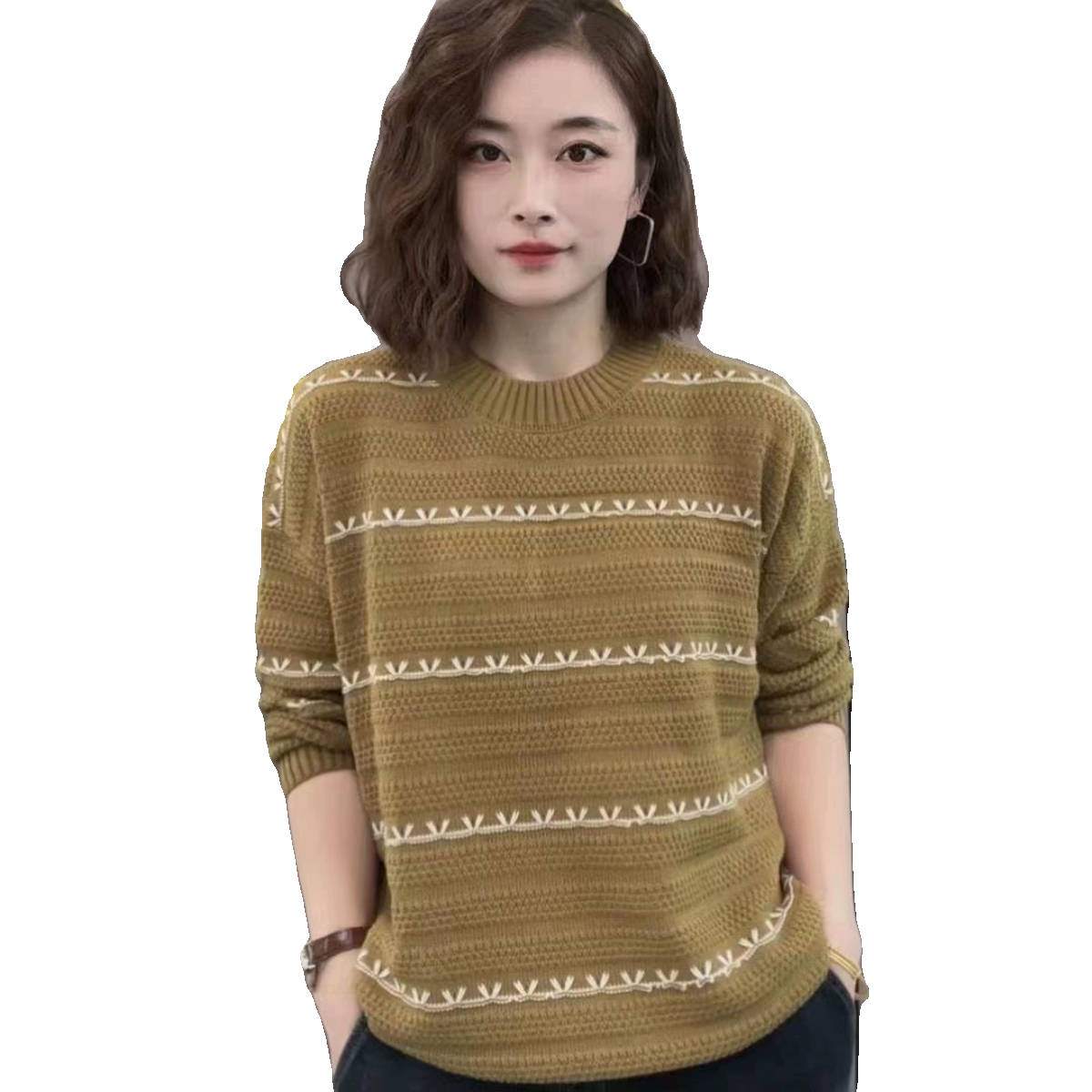 宽松显瘦【80-200斤】秋冬圆领条纹打底针织上衣女洋气减龄毛衣潮,淘宝优惠券,粉丝福利购,淘宝优惠卷