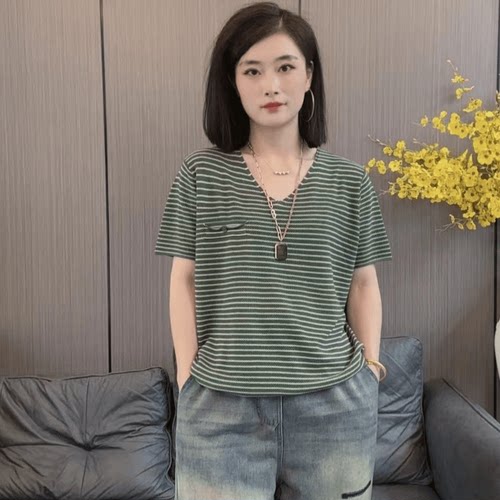 加肥加大码女装慵懒风条纹短袖t恤女夏季欧货宽松显瘦休闲上衣潮 - 图1