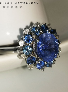 天然无烧矢车菊蓝宝石戴妃戒指环
