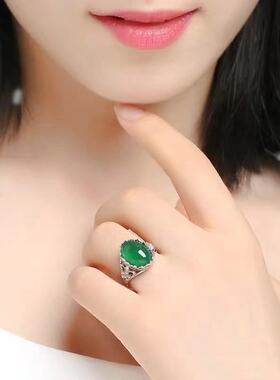 宫廷风女戒指镀银仿绿玛瑙玉宝石玉髓水晶翡翠蛋形活口可调节精致