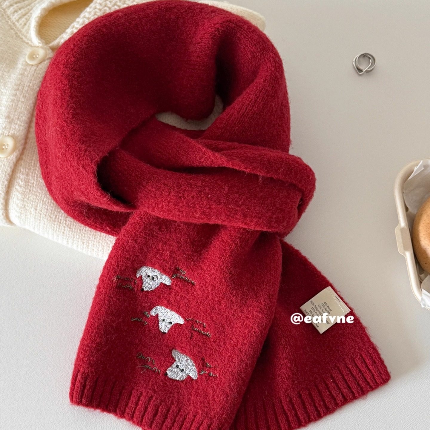 含羊毛日系蓝白小狗刺绣学院风针织围巾秋冬保暖百搭减龄围脖女,淘宝优惠券,粉丝福利购,淘宝优惠卷