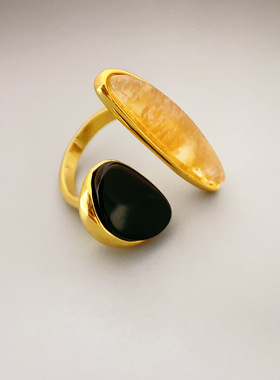 法式轻奢小众设计铜镀18K真金黑玛瑙异形天然茶晶轻奢开口戒指女