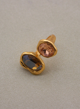 中古莱茵石素圈戒指女上开口可调节大颗宝石镶嵌手饰做旧真金电镀