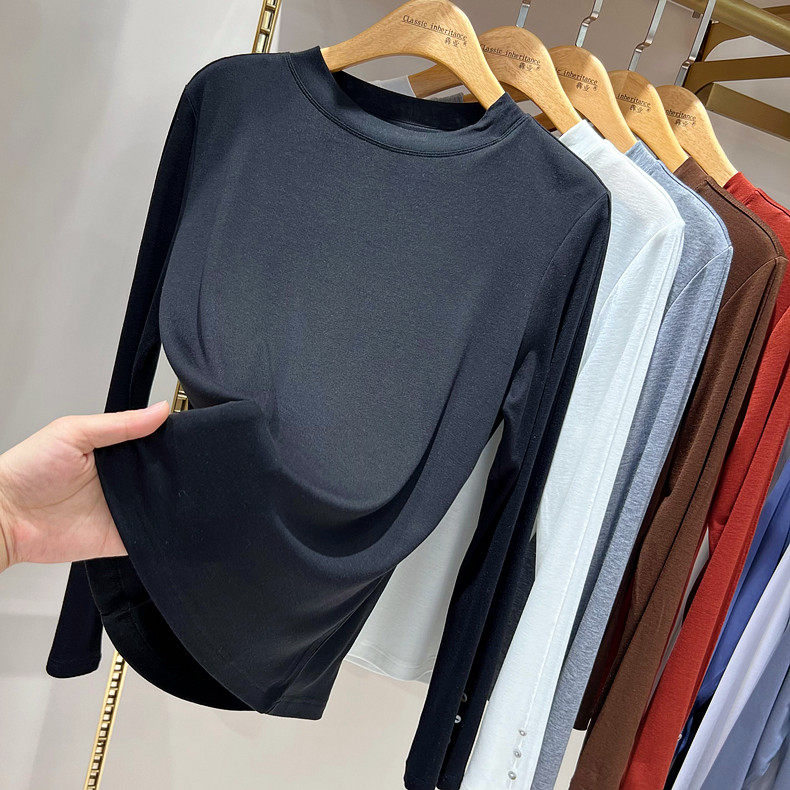 犇业春季新款纯色圆领长袖上衣女薄款天丝羊毛修身显瘦纽扣衫9773,淘宝优惠券,粉丝福利购,淘宝优惠卷