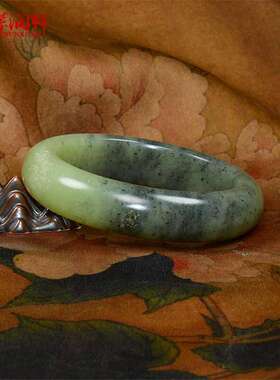 紫润轩新疆和田玉青花黄玉手镯若羌黄口料青黄轮胎哑光58MM女神款