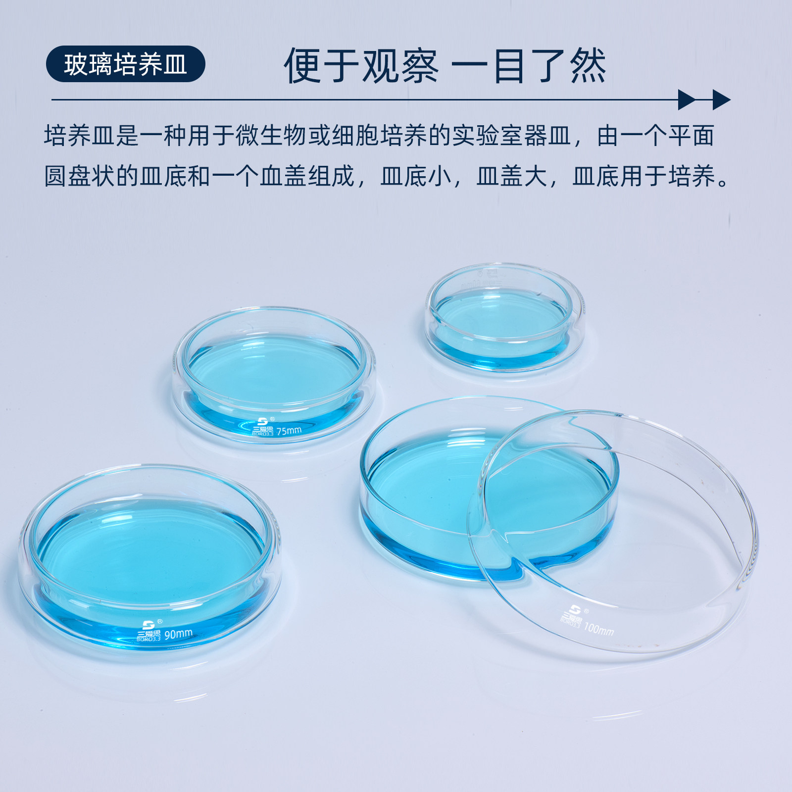 三爱思 玻璃培养皿 微生物菌种平底器皿中性料耐高温耐酸碱高硼硅