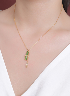 天然碧玉竹节s925纯银镀金锁骨链