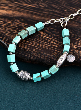 灵石创艺时尚纯银手链女复古民族风招财转运珠天然水晶绿松石手串