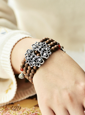 原创复古大气纯银多圈沉香手链女