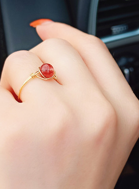 鸽血红草莓晶戒指天然水晶原创