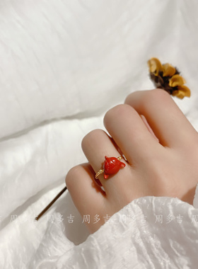 小狐狸帝王朱砂戒指天然轻奢手工14K包金绕线本命年指环女招桃花