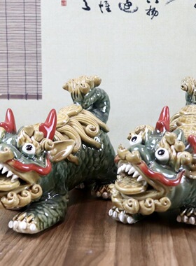招财麒麟 石湾公仔陶瓷创意摆件 办公室家入门玄关风水摆件
