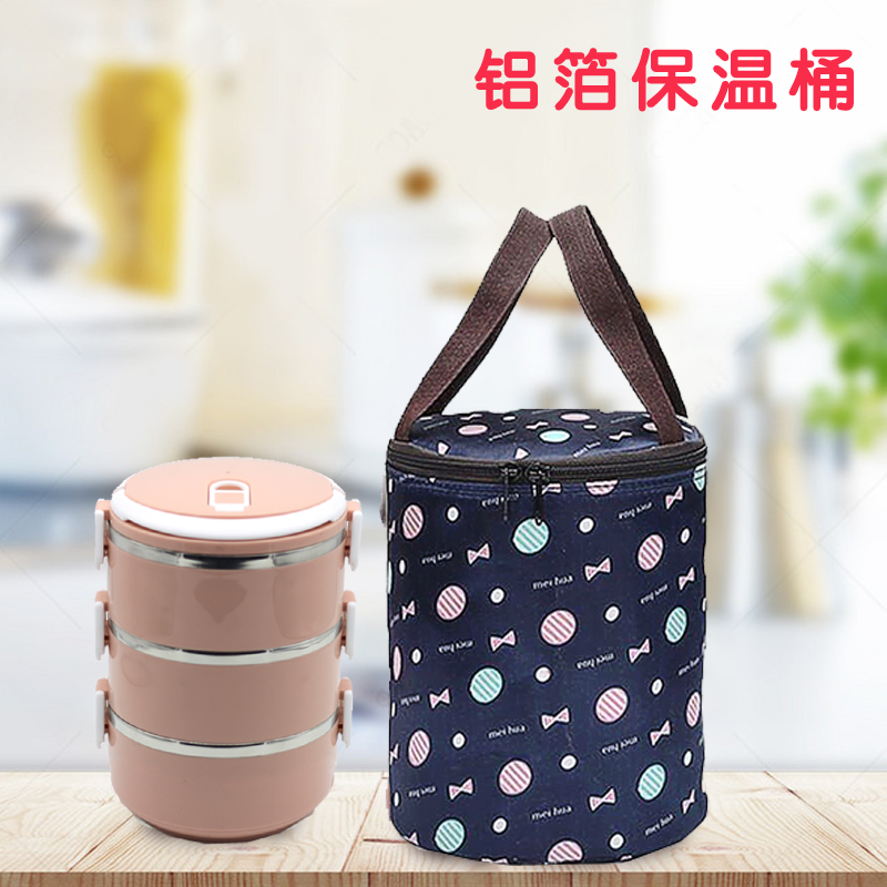 饭盒袋圆形圆桶保温铝箔加厚大容量防水手提袋便当包保温桶牛津布 - 图1