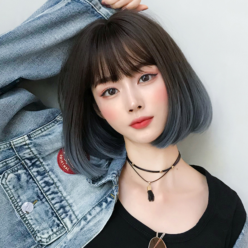 七街皇后假发旗舰店假发女短发学生头圆脸渐变雾霾蓝全头套式网红自然短发内扣波波头2