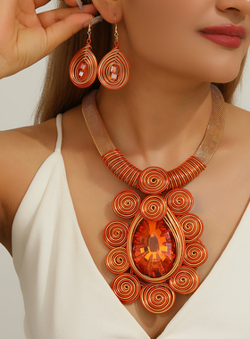 欧美热销多色套装夸张个性手工水晶铝丝编织项链耳环套装女装配饰