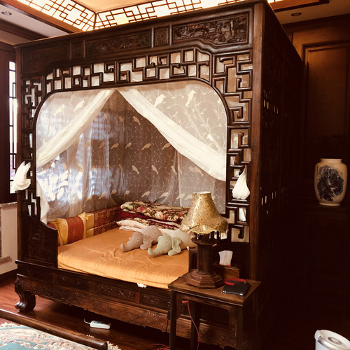 新中式仿明清古典双月洞架子床白色棉麻小鸟与枝丫绣花蚊帐床幔纱 - 图0