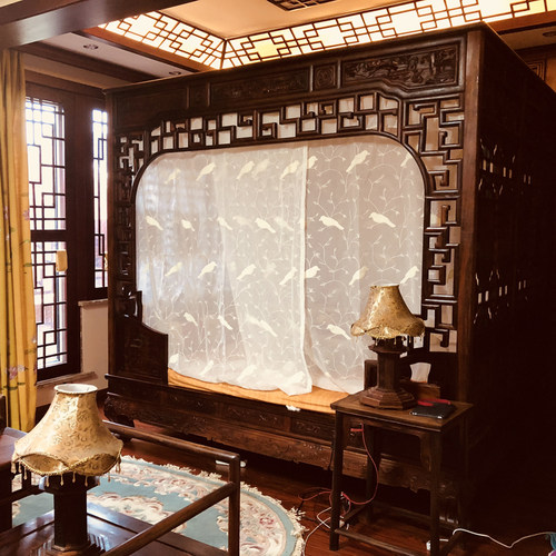 新中式仿明清古典双月洞架子床白色棉麻小鸟与枝丫绣花蚊帐床幔纱 - 图1