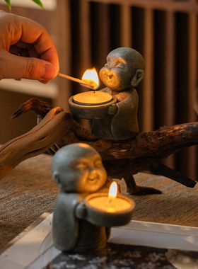 掬涵可爱小沙弥烛台香薰底座日式禅意小和尚桌面摆件创意装饰品