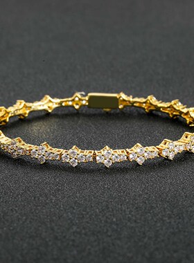 欧美梅花网球链男士嘻哈手链hiphop锆石潮牌弹簧扣嘻哈饰品