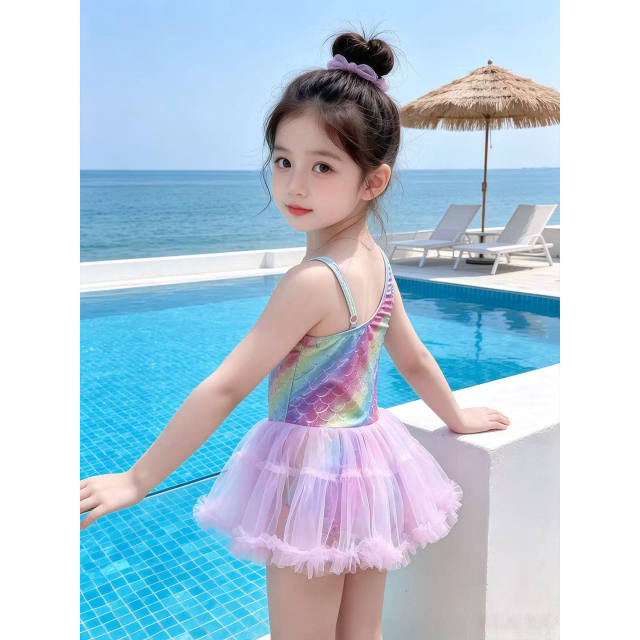 Girls one-piece swimsuit 2026 new gradient scale fluffy gauze skirt Quick-drying swimsuit children's high-looking swimsuit